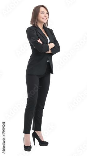 Fullbody business woman smiling isolated over a white
