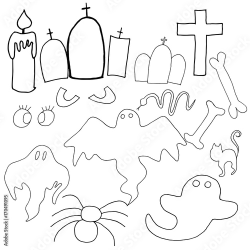 Hand Drawn Halloween Set. Ghost, scary eyes, spider, cat, bones, candle, tomb.