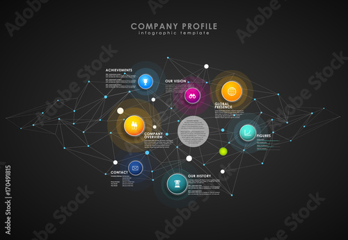 Company profile overview template with colorful circles, dots on dark background.