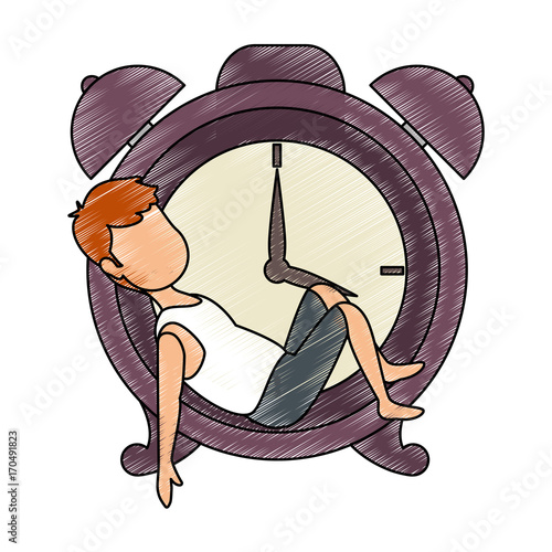 man sleeping on alarm clock vector illustration design