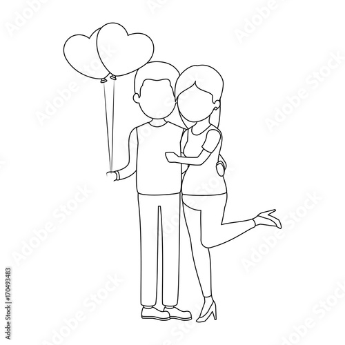cute couple in love with balloons air vector illustration design