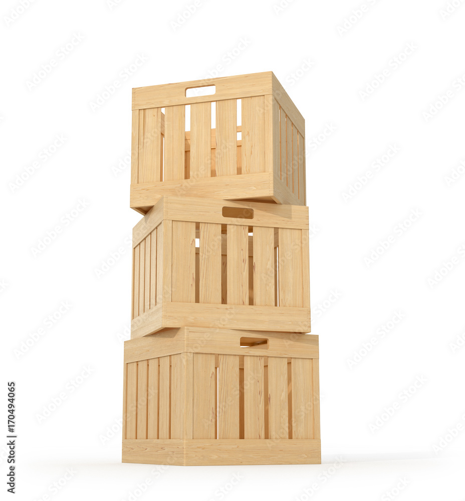 Wooden boxes on a white background. 3d illustration Wooden boxes on a white background. 3d illustration