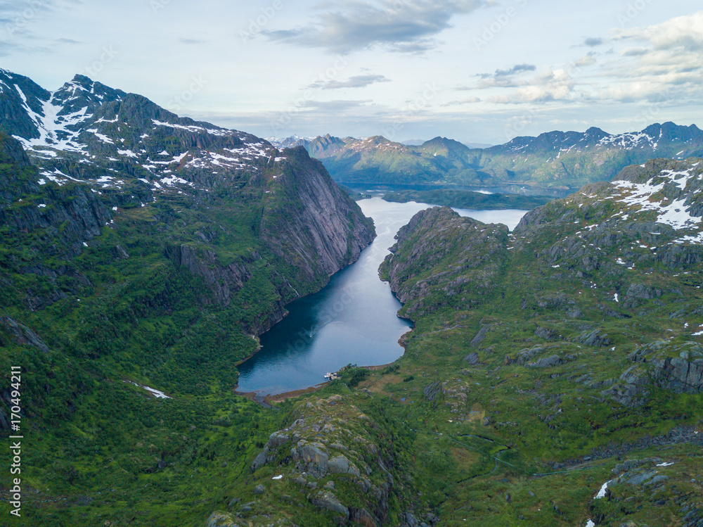 Mountain landscapes on the Norwegian Sea in Troll fjord. Aerial view