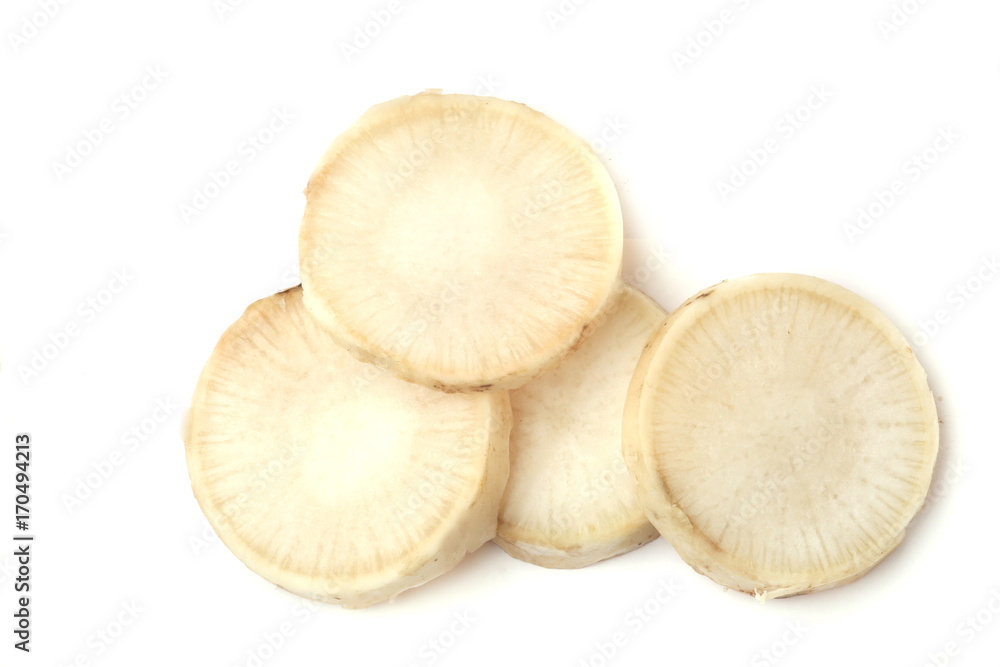 sliced root daikon white background sliced root daikon white background