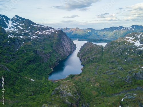 Mountain landscapes on the Norwegian Sea in Troll fjord. Aerial view © timursalikhov