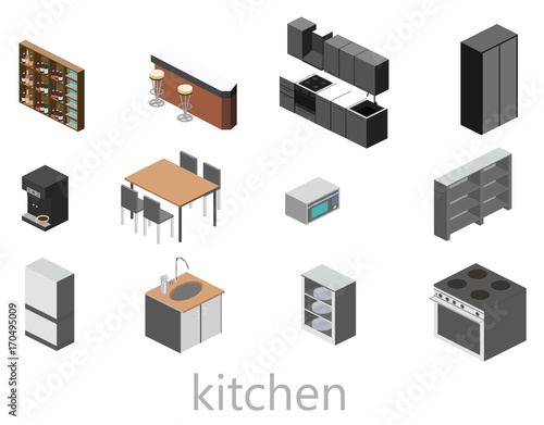 Isometric flat 3D concept vector cutaway interior of kitchen