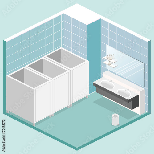 Isometric 3D isolated vector cutaway interior of public toilet
