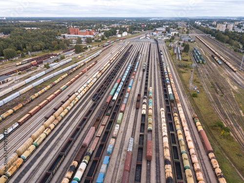 Wagons, docking station, railway. Aerial view. 