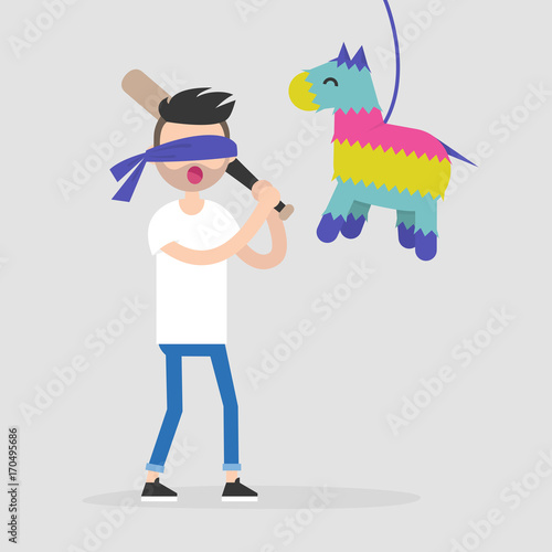 Young blindfolded character breaking a Pinata with a baseball bat / flat editable vector illustration, clip art