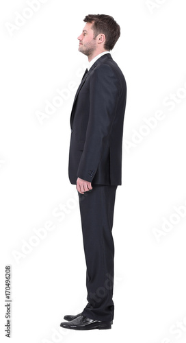 Side view of serious business man on white background.