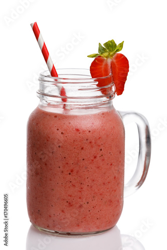 Wallpaper Mural Strawberry smoothies with banana and orange juice in a glass jar on a white background Torontodigital.ca