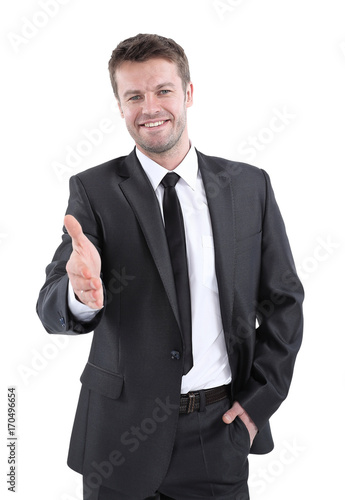 Portrait of happy successful manager smiling and inviting