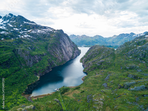 Fototapeta Naklejka Na Ścianę i Meble -  Mountain landscapes on the Norwegian Sea in Troll fjord. Aerial view