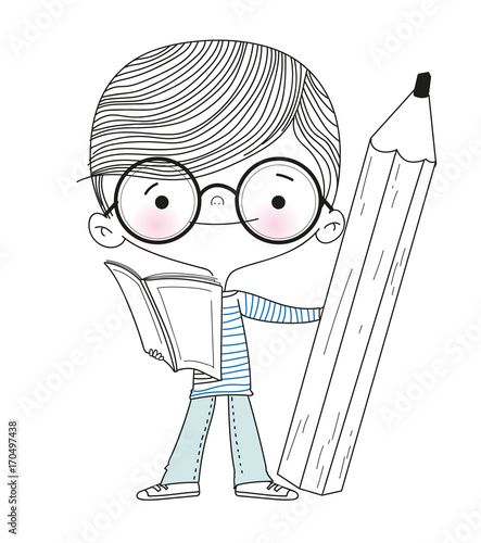 Niño  leyendo un libro con un lapiz en la mano