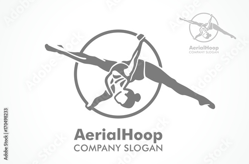 Woman hanging in aerial ring, isolated on white. Aerial hoop line art. Dance and fitness. Dance Studio. Sport. Vector Illustration. Logo.