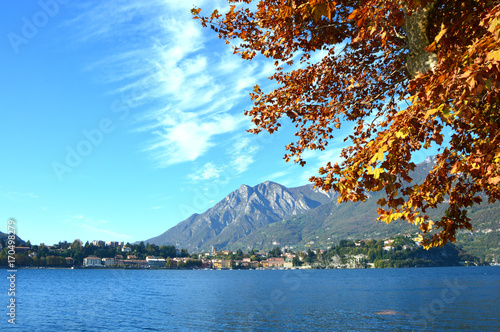 Autumn colorful foliage in red and yellow color over lake with beautiful mountain landscape on Lake Como, Italy