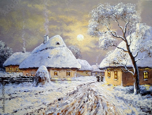 Obraz na płótnie Zimowe pejzażowe obrazy olejne, wieś