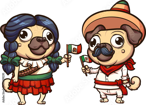 Cartoon pugs dressed with Mexican Revolution clothes. Vector clip art illustration with simple gradients. Some elements on separate layers. 