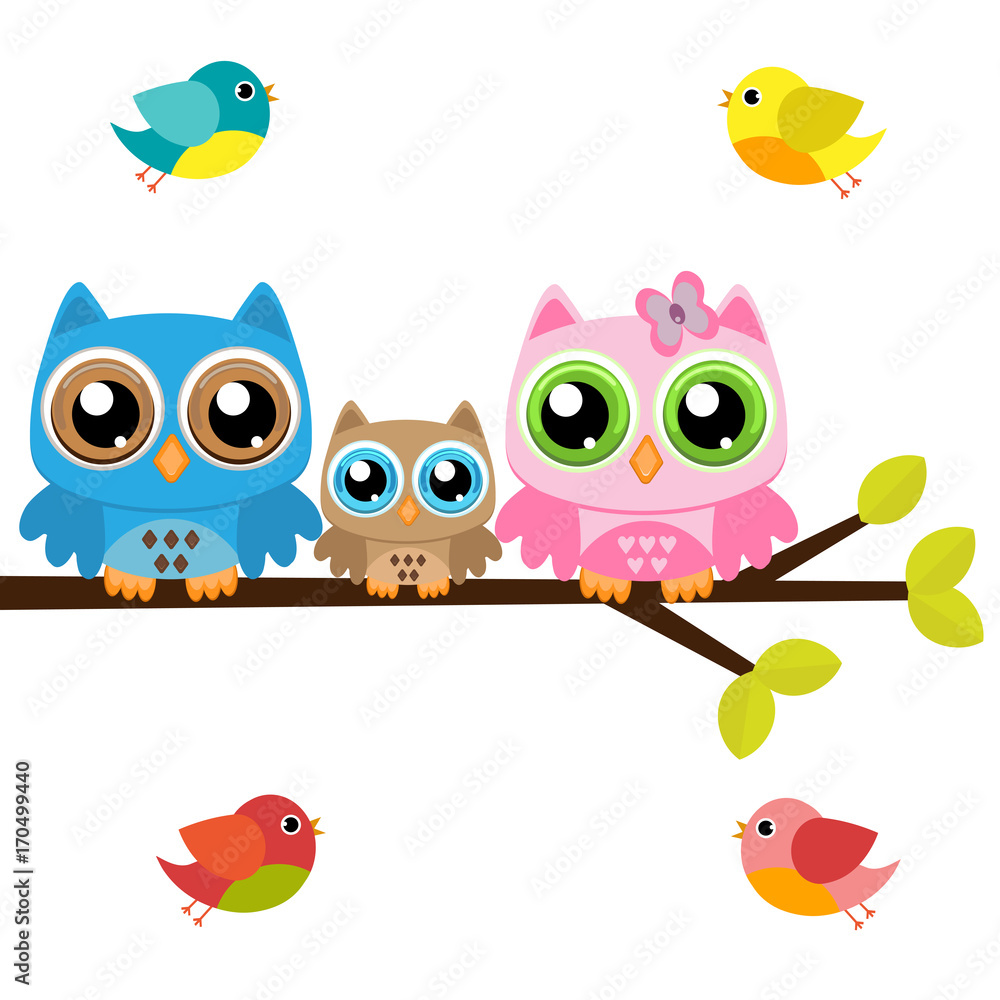 Obraz premium Owls family on a branch with birds