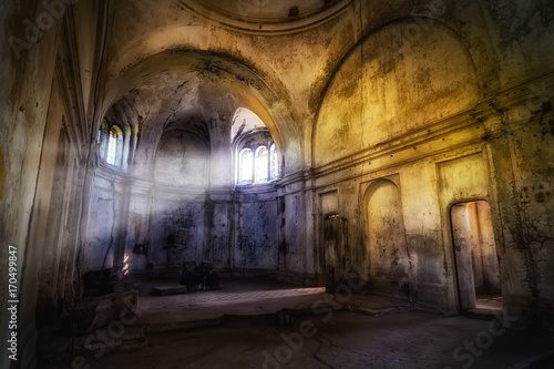 Mystical fantasy haunted abandoned temple. Interior of abandoned church of Dmitry Solunsky