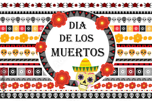 Day of the dead Mexican holiday set of patterned brushes. Dia de los muertos border for your design. Isolated on white background. Vector illustration