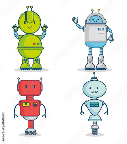 set of cute cartoon robots technology vector illustration graphic design