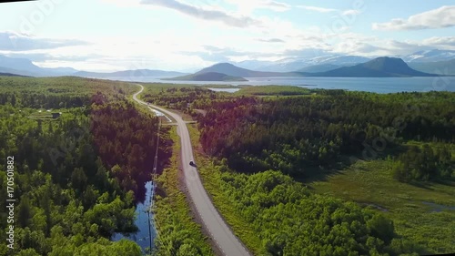 Norwegian road in the mountains. Aerial view