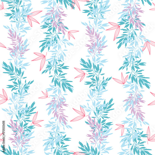 Fototapeta Naklejka Na Ścianę i Meble -  Vector blue pink tropical leaves summer vertical seamless pattern borders set with tropical pink, blue plants and leaves on white background. Great for vacation themed fabric, wallpaper, packaging.