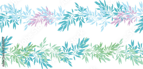 Vector blue pink tropical leaves summer horizontal seamless pattern borders set with tropical pink  blue plants and leaves on white background. Great for vacation themed fabric  wallpaper  packaging.