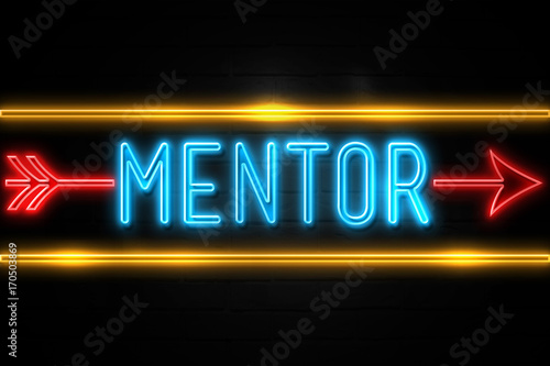Mentor - fluorescent Neon Sign on brickwall Front view