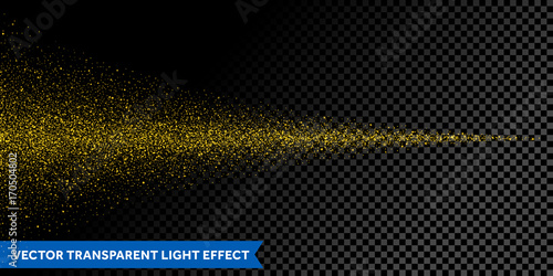 Light particles dispersion of gold glitter spray on transparent background. Abstract glittering stardust glow design of vector golden dust or glowing magic mist spray with drops in motion