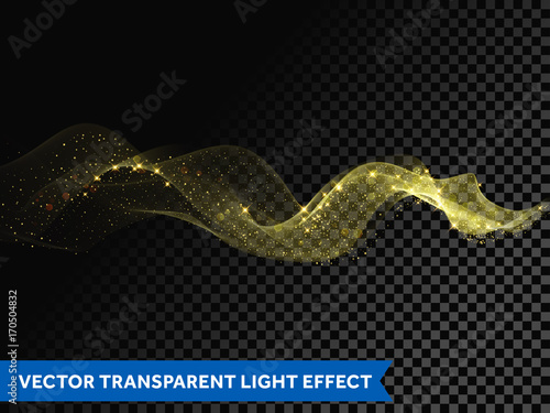 Light line gold swirl effect of glitter light fire flare trace. Vector magic sparkle swirl trail on transparent background. Bokeh light glitter round wave line with sparkling particles