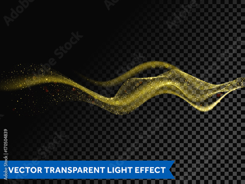 Light effect gold line swirl. Vector glowing light fire flare trace or magic glitter sparkle swirl trail effect on transparent background. Bokeh light glitter round wave line with sparkling particles