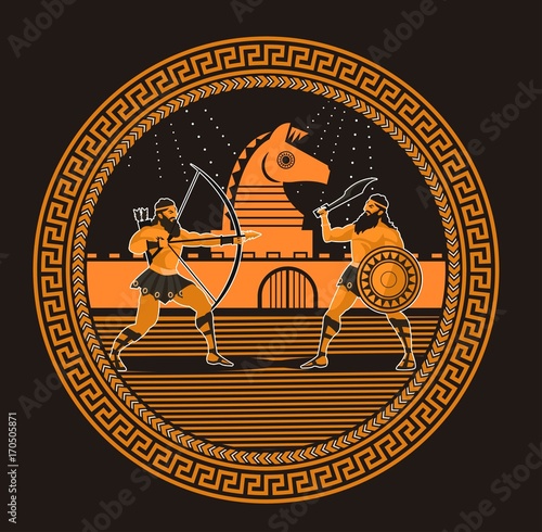 rounded orange and black greek figures painting trojan war