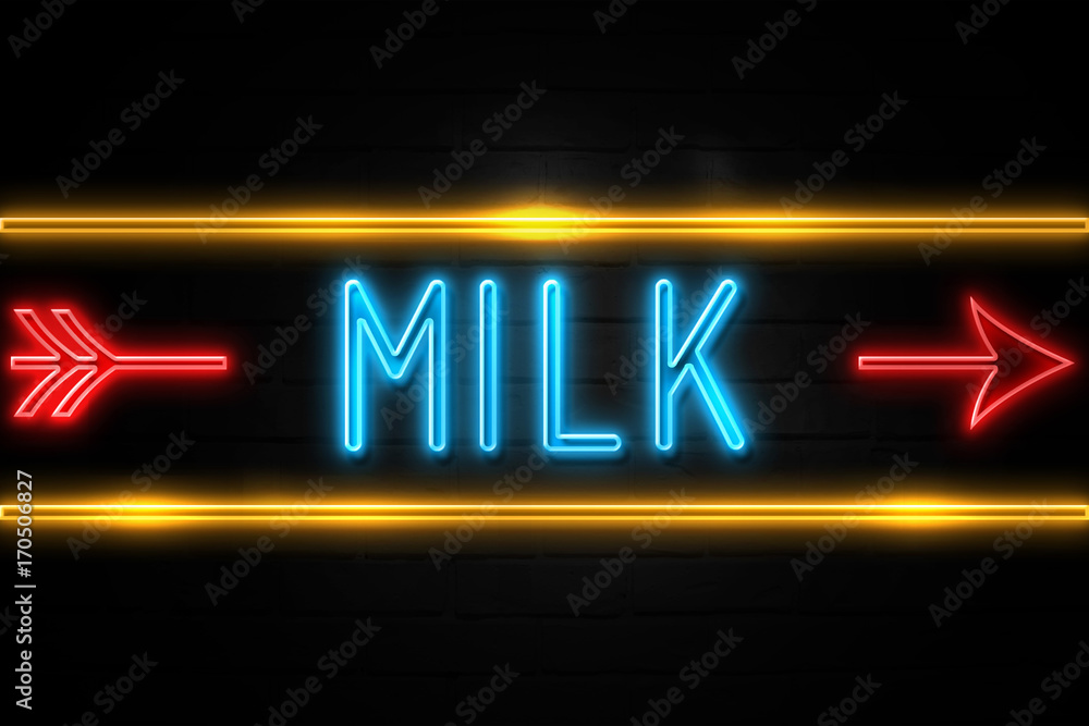 Obraz premium Milk - fluorescent Neon Sign on brickwall Front view