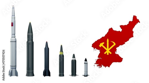 North Korea's missiles, DPRK outline map and the emblem of Workers' Party of Korea. Isolated with mask. UHD - 4K. 3D Rendering.