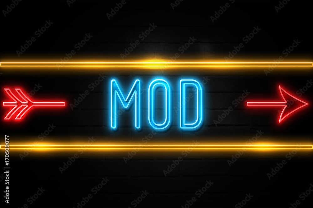 Obraz premium Mod - fluorescent Neon Sign on brickwall Front view
