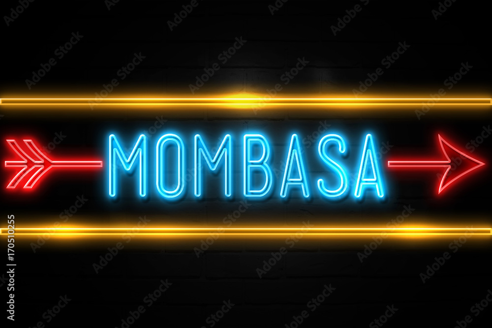 Mombasa   - fluorescent Neon Sign on brickwall Front view