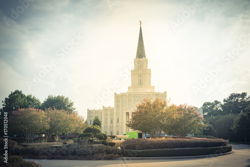 Mormon Temple at sunset. The Houston Texas Temple is the 97th operating temple of The Church of Jesus Christ of Latter-day Saints. Vintage tone.