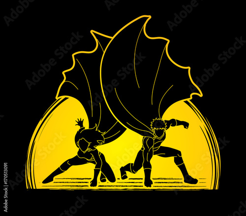 Strong Man and Woman, Couple Superhero landing powerful action designed on moonlight background graphic vector.