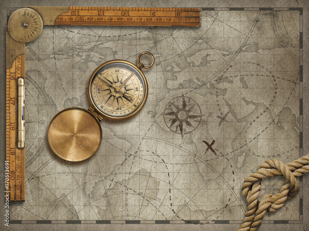 Old map background with compass, rope and ruler. Adventure and travel concept. 3d illustration. Old map background with compass, rope and ruler. Adventure and travel concept. 3d illustration.