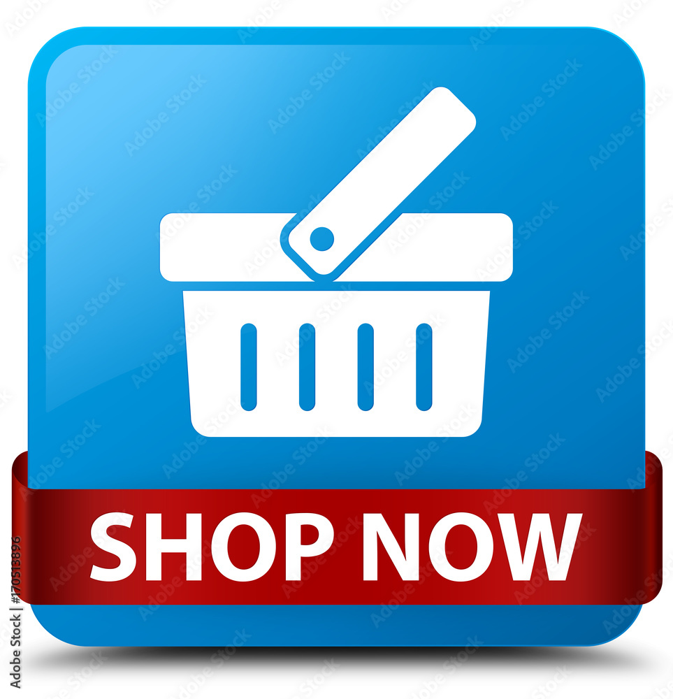 Shop now cyan blue square button red ribbon in middle Shop now cyan blue square button red ribbon in middle