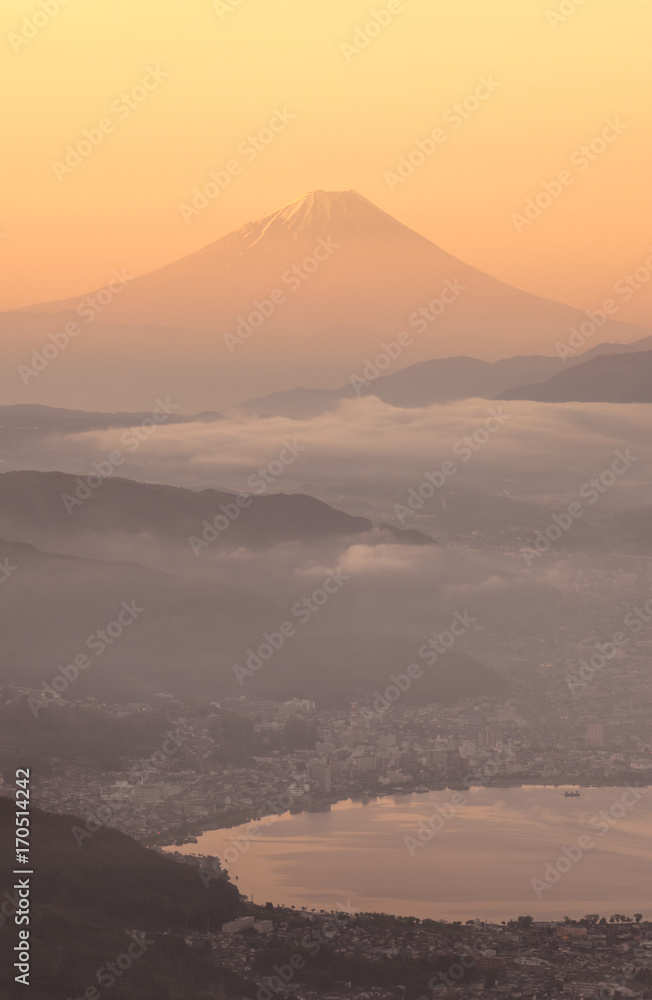 Mountain Fuji and Lake Suwa in early morning