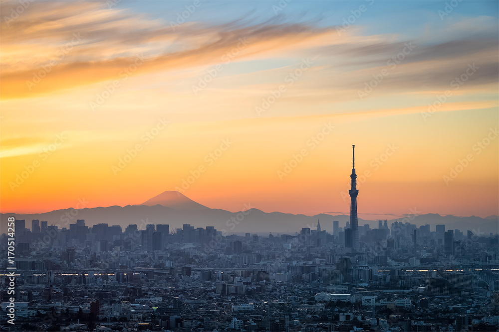 Beautiful Tokyo sunset cityscape ,  Tokyo Skytree landmark and Mountian Fuji in winter sunset