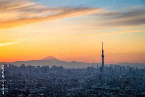 Photography Beautiful Tokyo sunset cityscape ,  Tokyo Skytree landmark and Mountian Fuji in