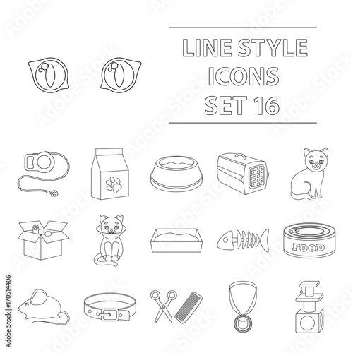 Cat equipment set icons in outline style. Big collection of cat equipment vector symbol stock illustration