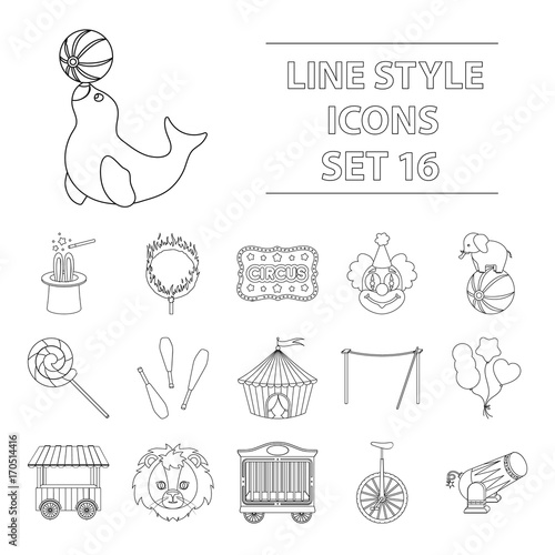 Circus set icons in outline style. Big collection of circus vector symbol stock illustration