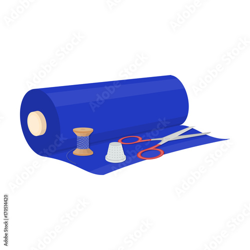 A roll of sewing fabric, scissors, a thimble and a thread coil. Sewing and equipment single icon in cartoon style vector symbol stock illustration web.