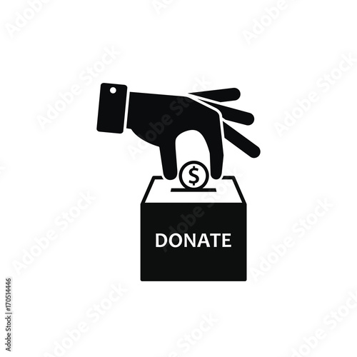 Hand putting coin in donation box. Vector icon