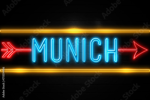 Munich - fluorescent Neon Sign on brickwall Front view